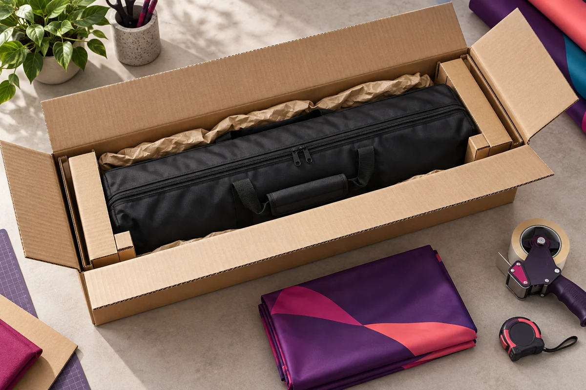 Padded banner carry bag cushioned inside a corrugated shipping carton beside packing tools and folded fabric.