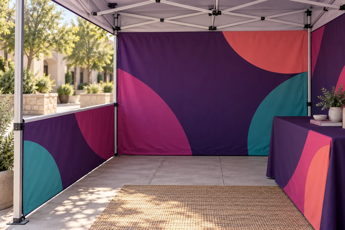 Inside a canopy with a full printed back wall and a half side wall open to the courtyard above its rail.