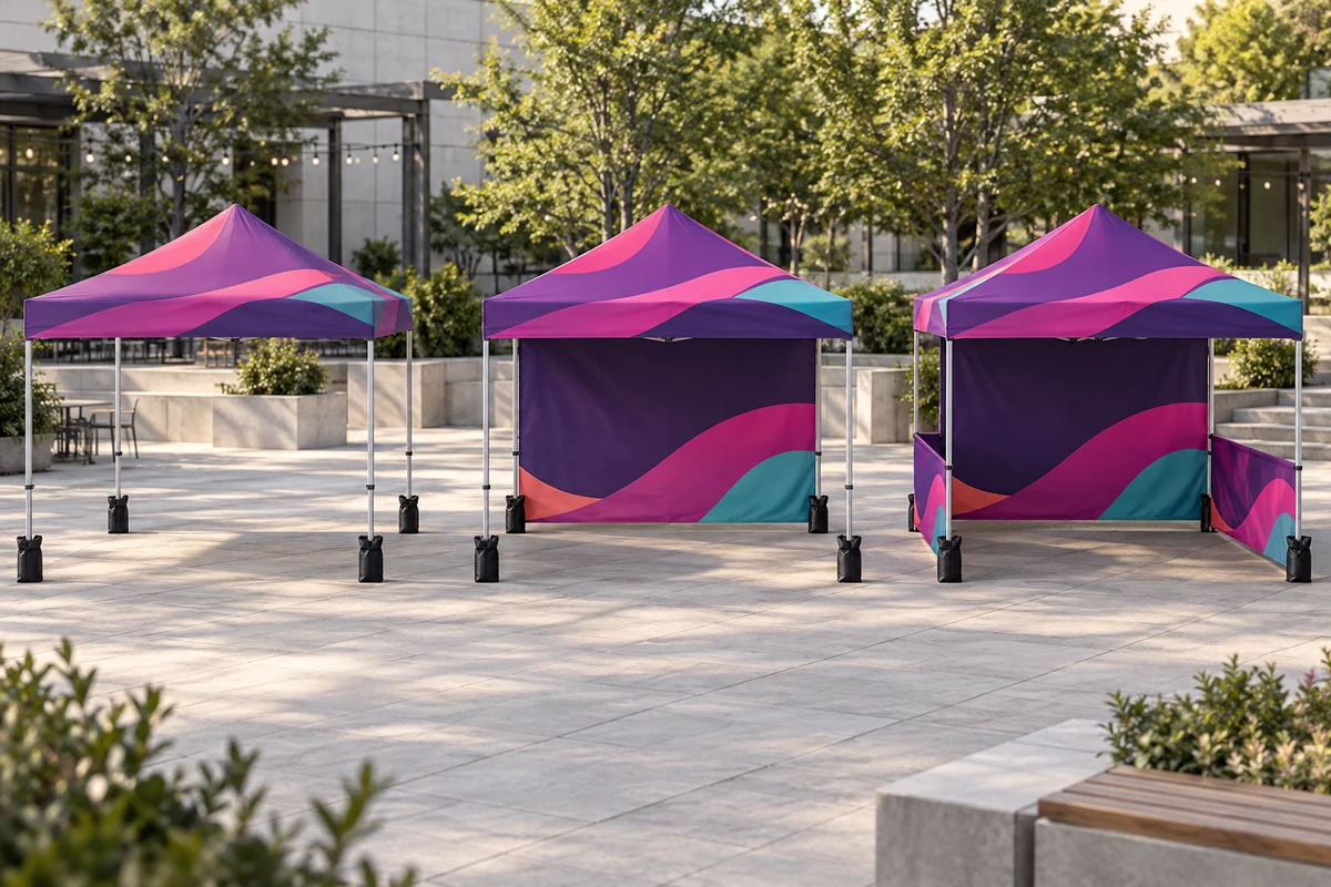 Three canopies showing an open frame, a back wall only, and a back wall with half side walls.