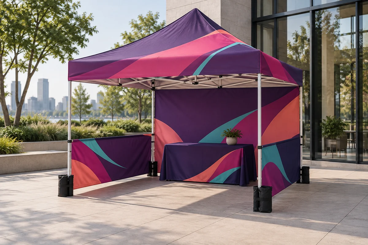 Purple and magenta pop-up canopy with a full back wall, two half side walls and an open front.