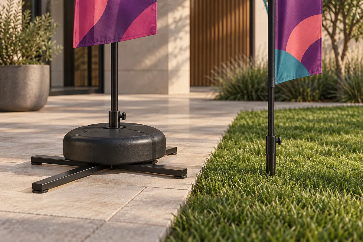 Weighted flag cross base on paving beside a flag pole seated in a ground spike on grass.