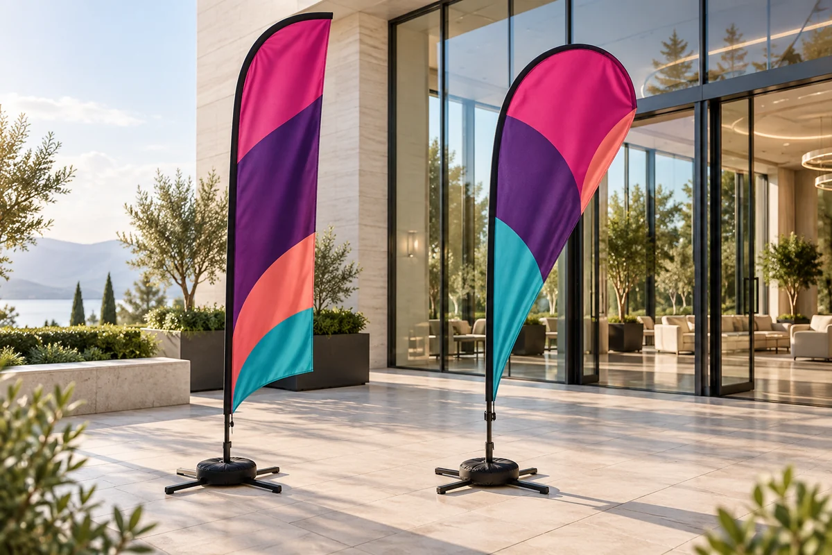 Feather and teardrop event flags with purple and magenta graphics on weighted cross bases outside a glass pavilion.