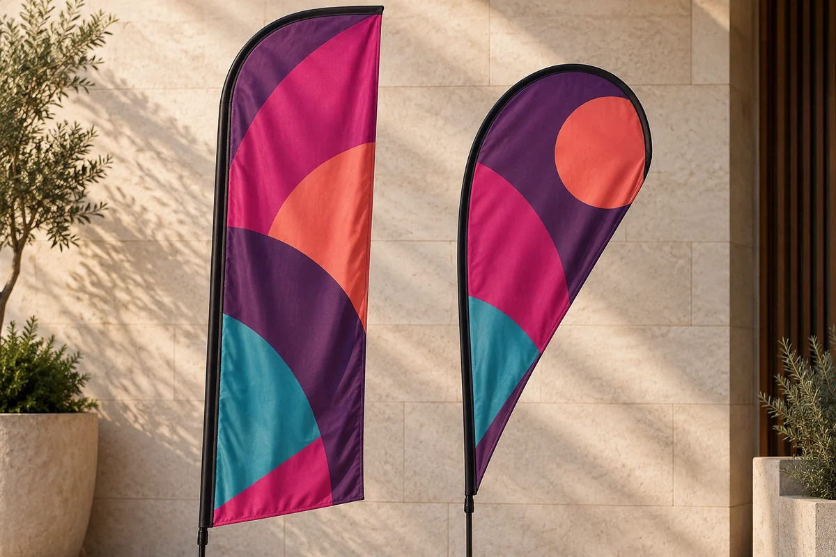 Close view of a feather flag and a tapered teardrop flag showing their fabric outlines and pole sleeves.