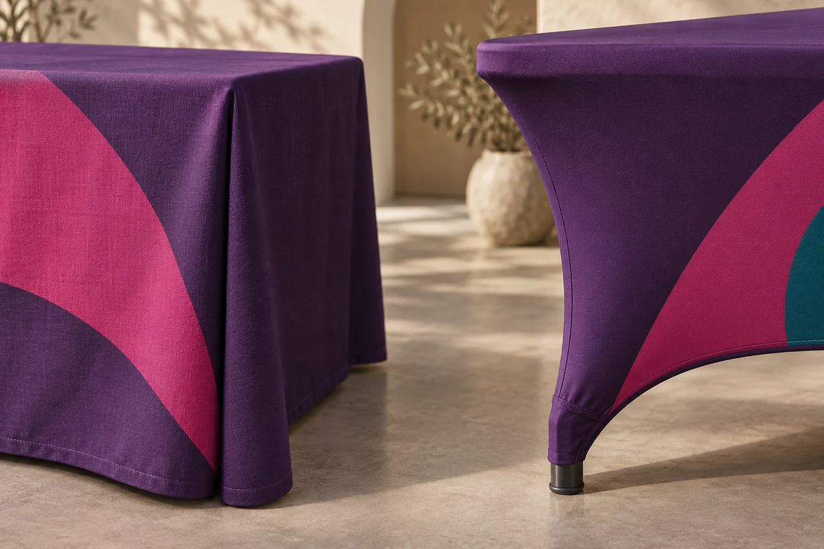 Close comparison of a fitted cover’s straight fabric corner and a stretch cover’s curved fabric around a table leg.