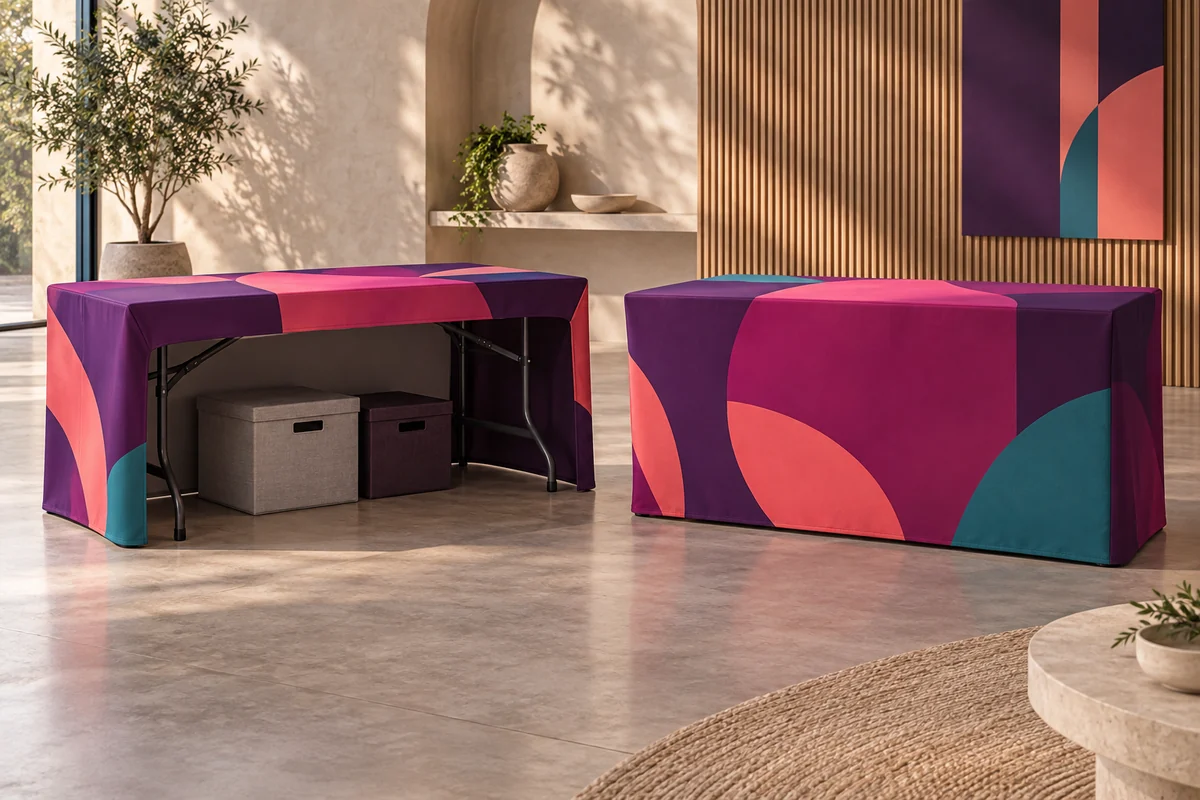 Rear view of an open-back fitted table cover with accessible storage beside a fully closed fitted cover.
