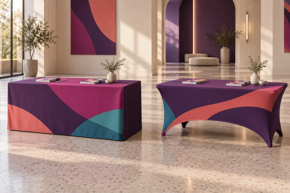 A straight-sided fitted table cover beside a stretch cover with curved lower edges, both in purple and magenta.