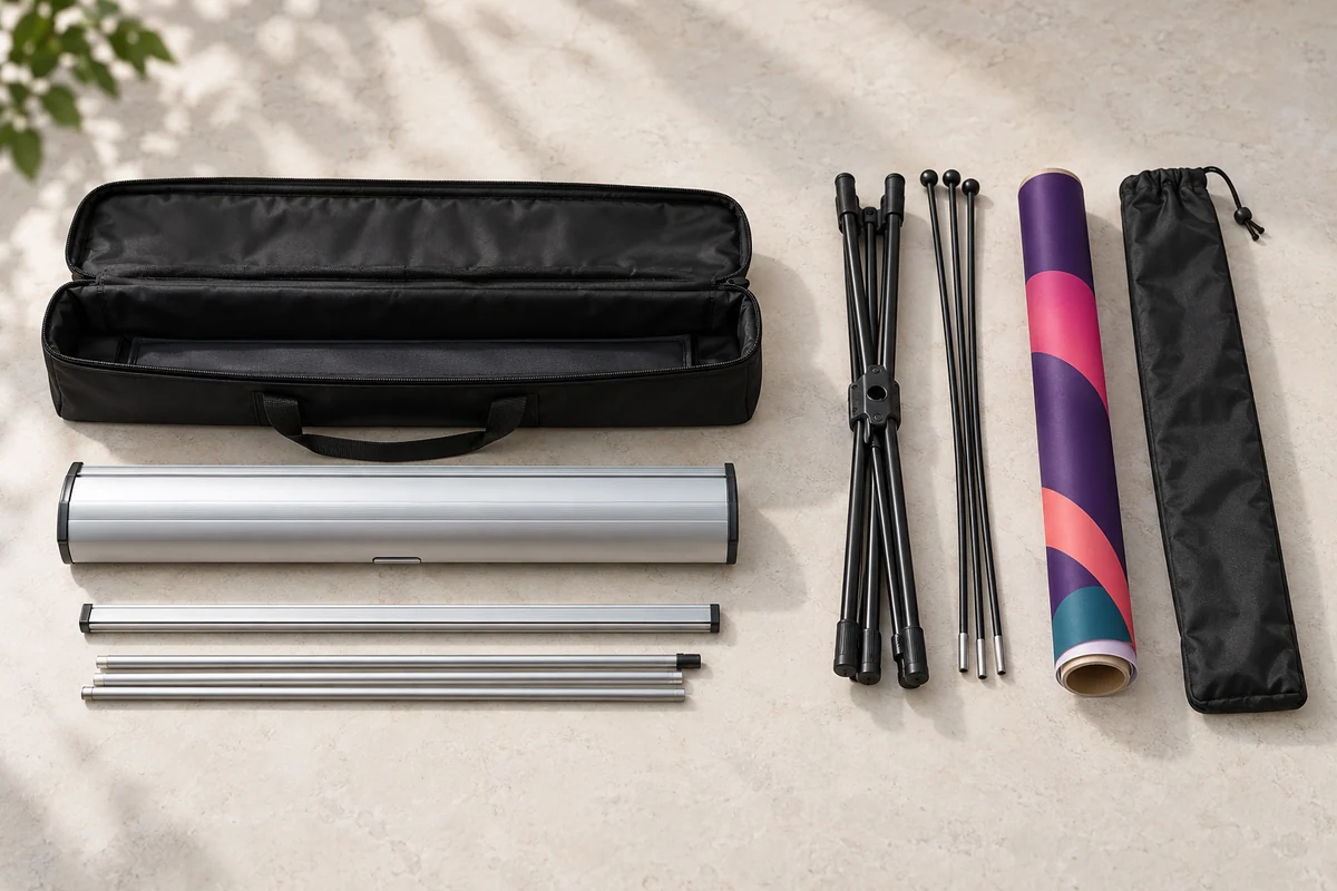 Retractable cassette, sectional pole and padded bag arranged beside folded X-banner hardware and a rolled graphic.