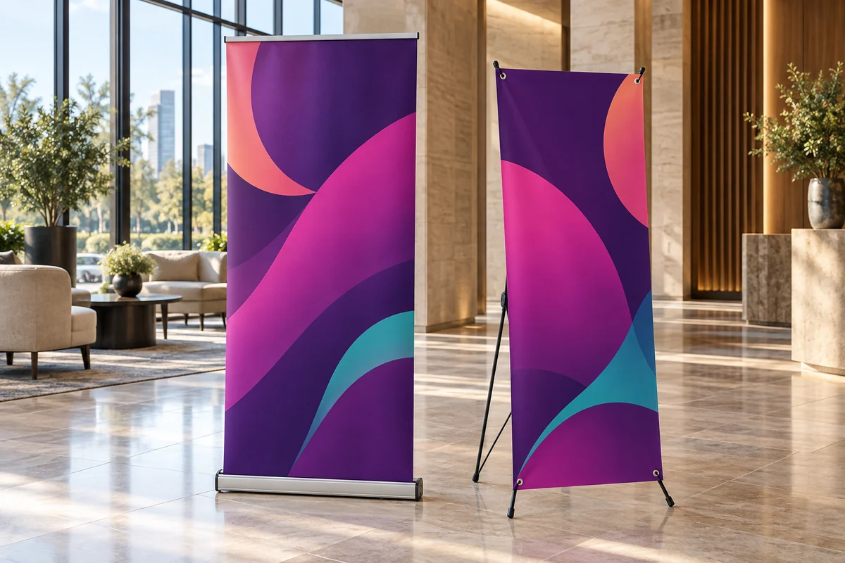 A retractable banner with an aluminum floor cassette beside an X-banner with corner grommets in a bright lobby.