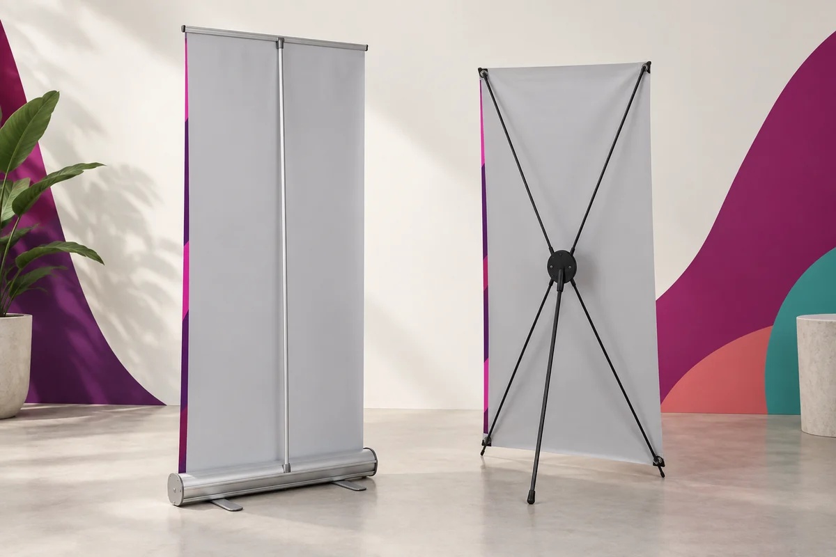 Rear view of a retractable banner’s central support pole beside an X-banner’s four corner arms and rear leg.