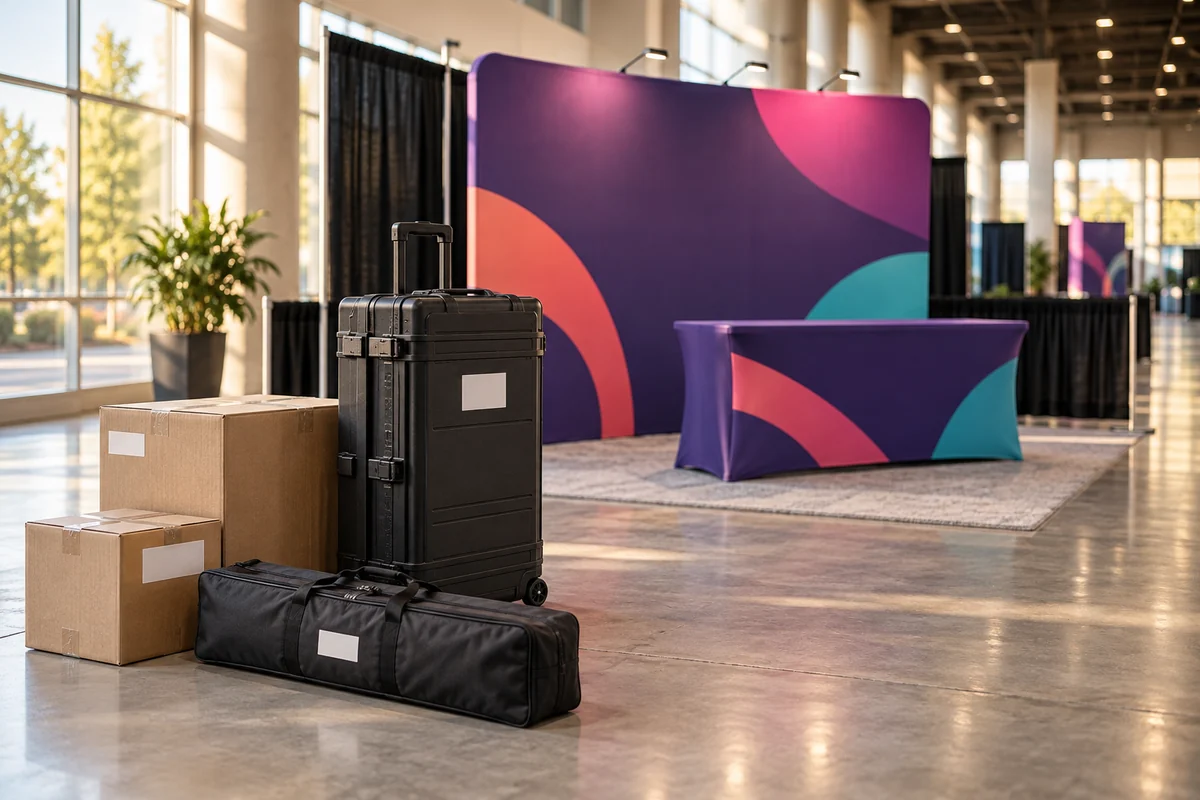 Display case, banner bag and cartons staged near a trade-show booth with a clear aisle beside them.