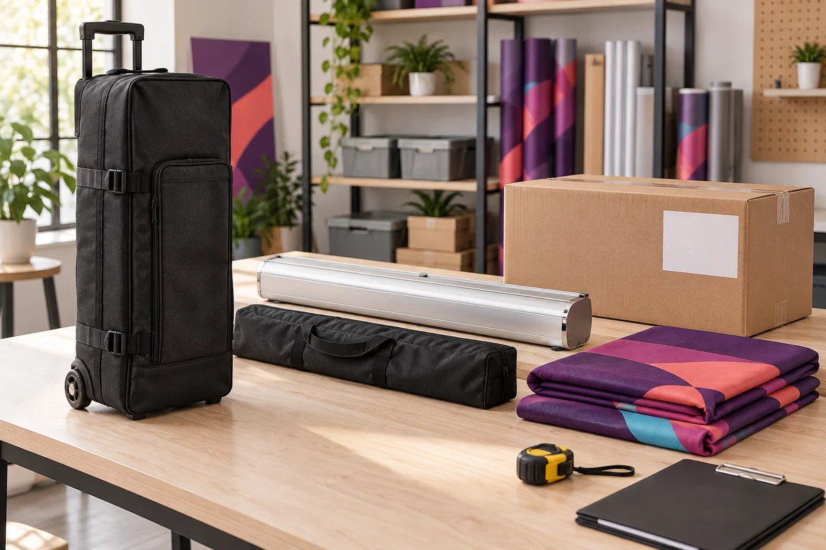 Wheeled display bag, banner cassette, folded graphic fabric and a carton arranged on a packing table.