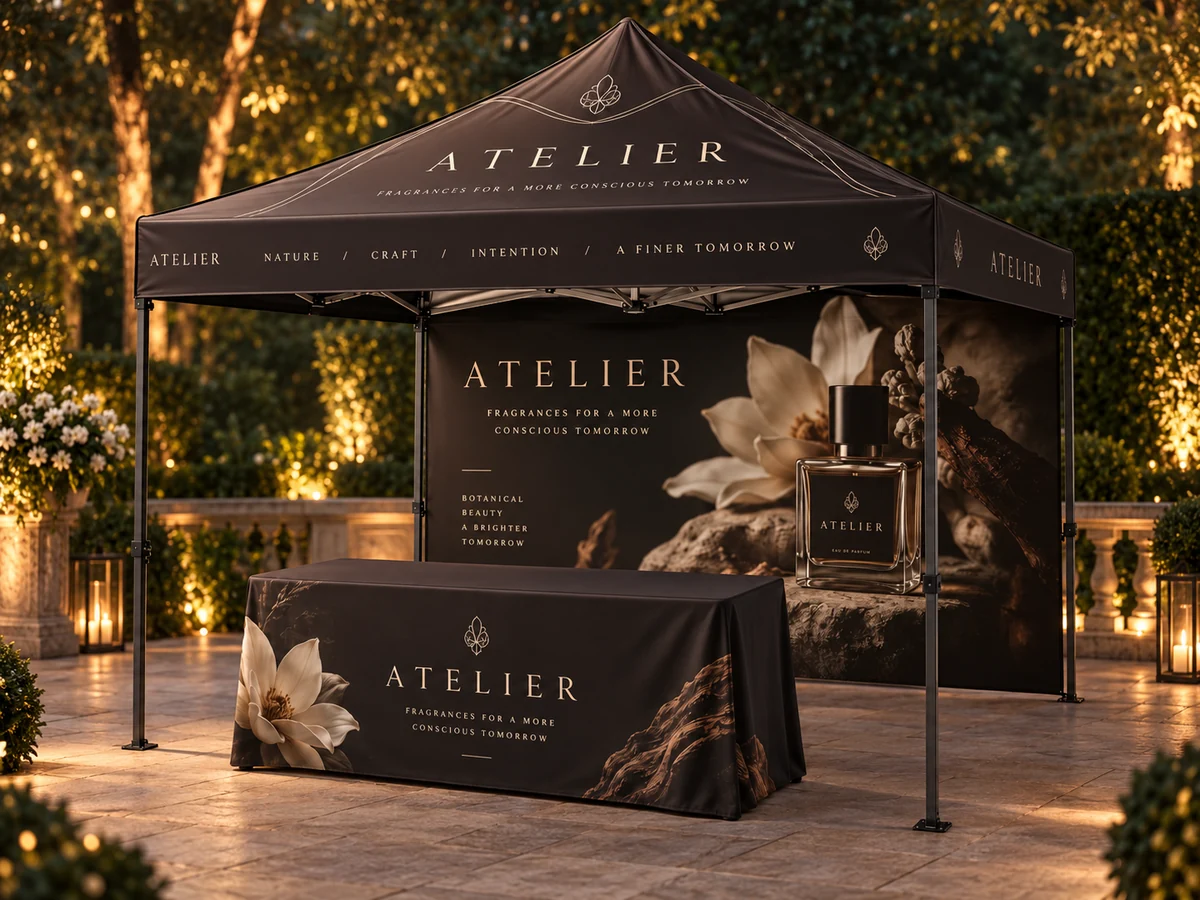 Atelier branded booth concept in an event setting