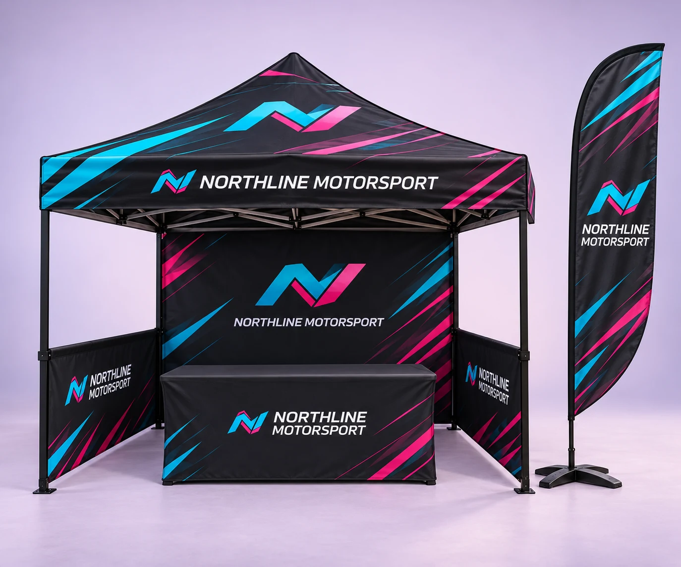 A complete Northline Motorsport canopy setup with matching printed roof, back wall, two half walls, fitted table cover, and feather flag